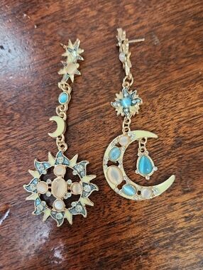 Gold-Tone Celestial Sun & Moon Drop Earrings with Turquoise and Opal Accents